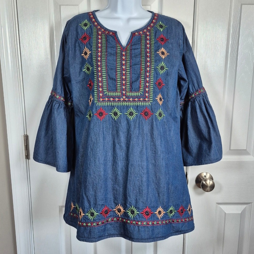 A&A‎ denim bell sleeve boho top with embroidery women's large